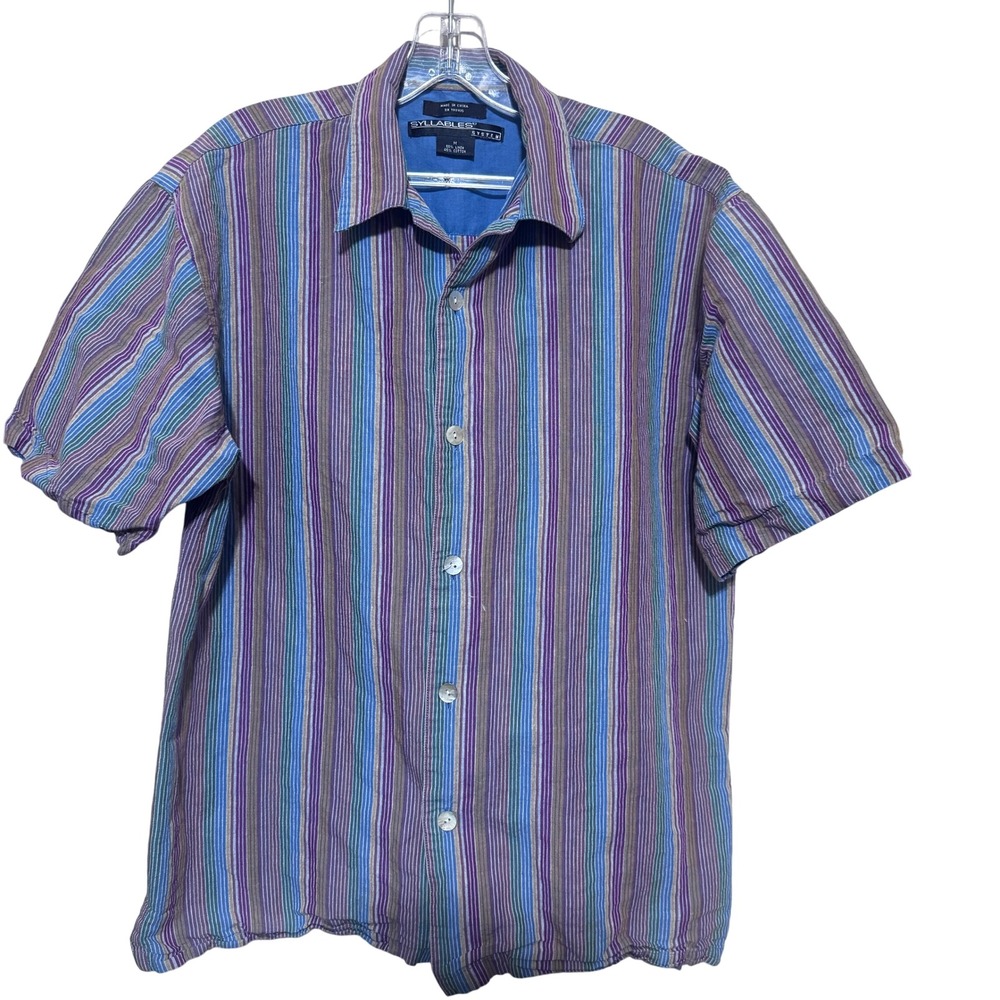Y2K Syllables Mens M Linen Cotton Striped Short Sleeve Button Down Shirt